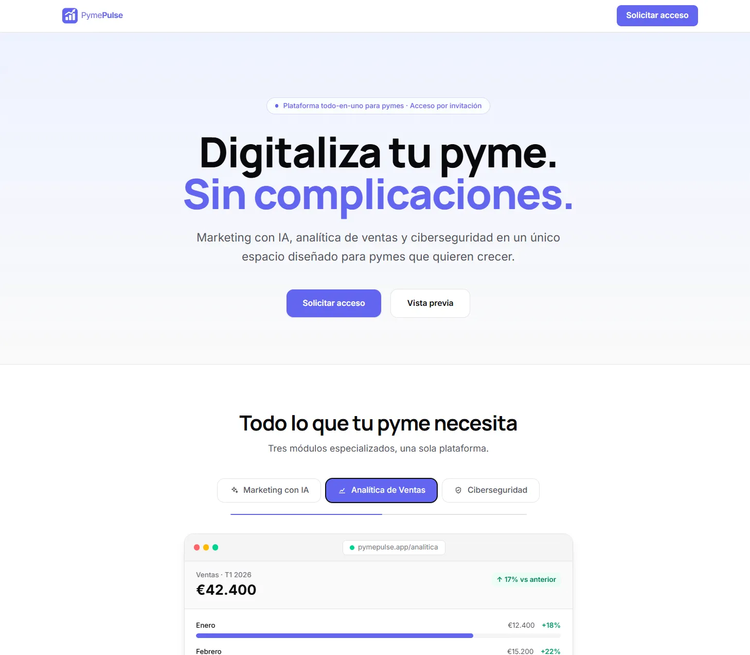 Vista general de la landing page de PymePulse con los tres módulos